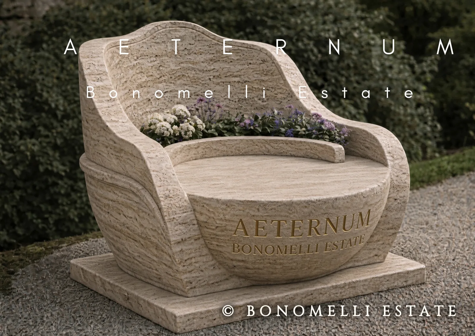 AETERNUM, poltrona in travertino con fioriera scolpita, in giardino