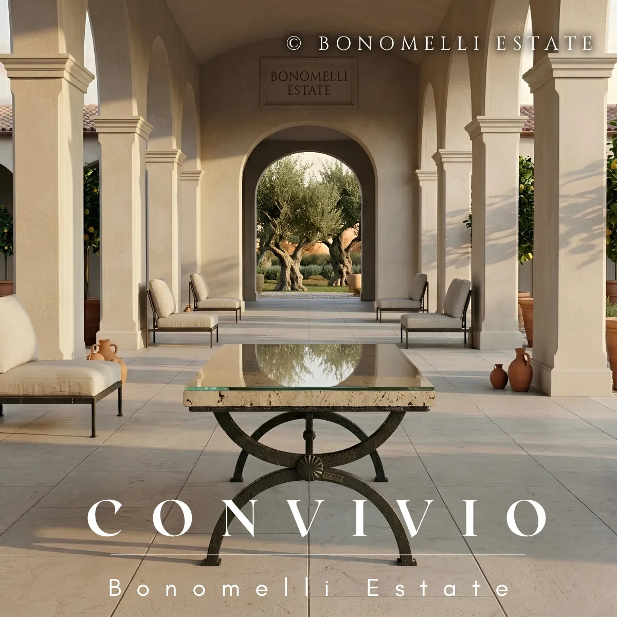 CONVIVIO sotto un portico ad archi, tra ulivi