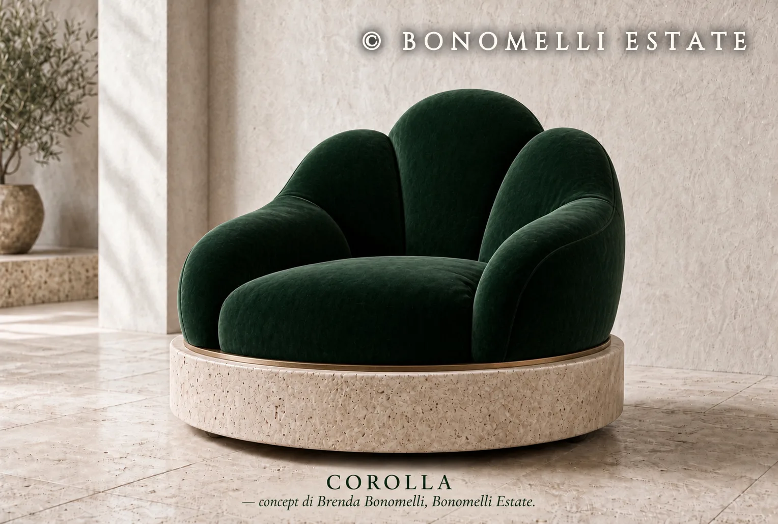 COROLLA, poltrona in velluto verde su base di pietra