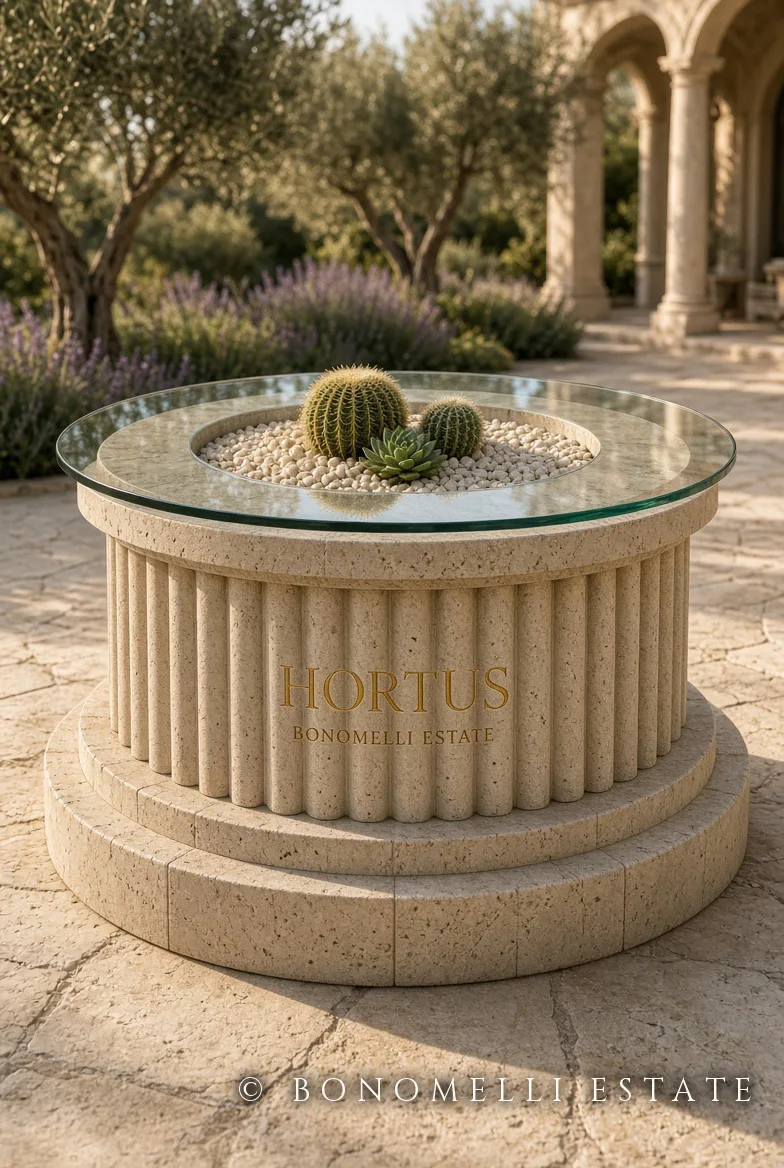 HORTUS, tavolo a colonna in travertino con giardino minerale sotto il vetro